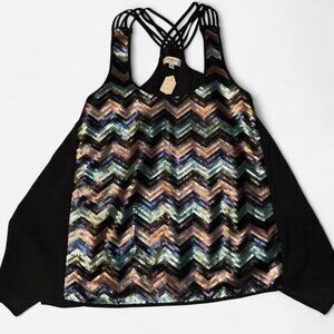 Umgee Black & multi-colored sequin tank top with criss cross straps. Size Medium